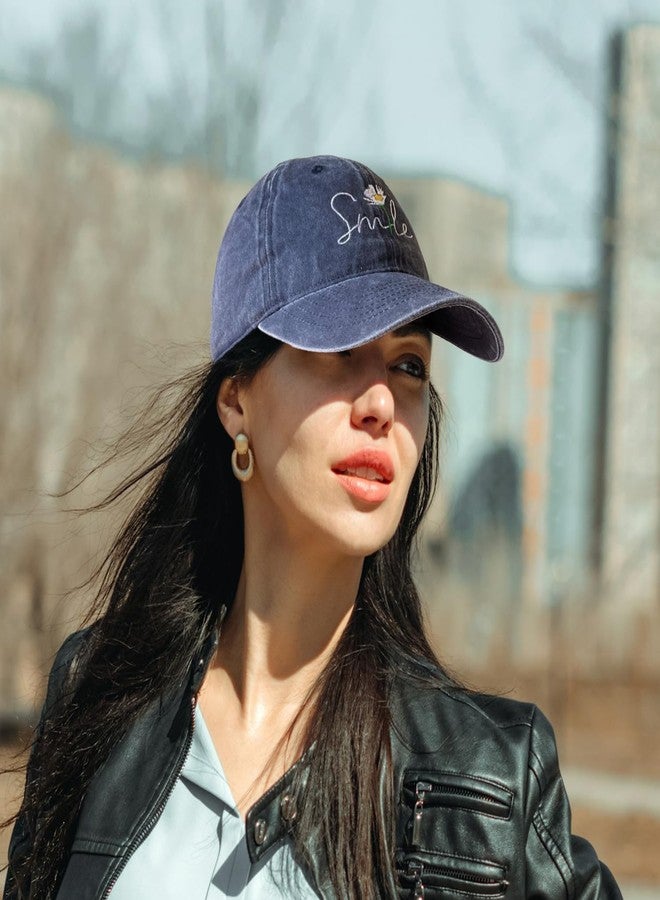 RLQWTKV Smile Flower Baseball Cap 3D Embroidered Hats for Women Adjustable Summer Sun Hat Blue - Image 2